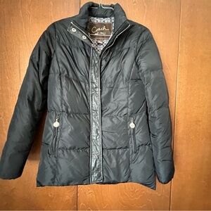 Coach Brand XS Black Down Blend Puffer Coat  Leather Trim  Zip and Snap Closure